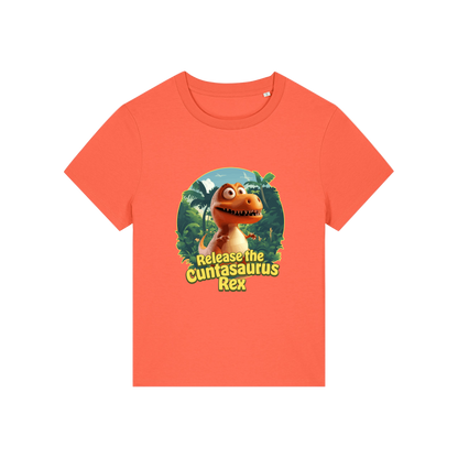 orange funny offensive t-shirt with the graphic of a dinosaur and the slogan 'unleash the cuntasaurus rex'