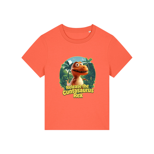 orange funny offensive t-shirt with the graphic of a dinosaur and the slogan 'unleash the cuntasaurus rex'