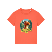 orange funny offensive t-shirt with the graphic of a dinosaur and the slogan 'unleash the cuntasaurus rex'
