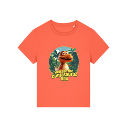 orange funny offensive t-shirt with the graphic of a dinosaur and the slogan 'unleash the cuntasaurus rex'