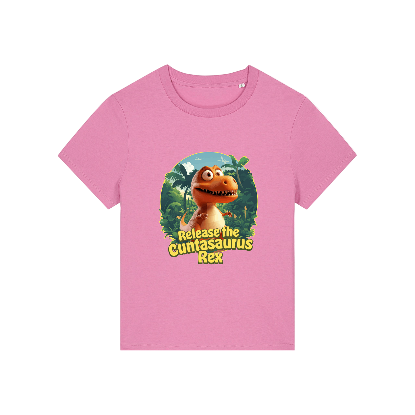 pink funny offensive t-shirt with the graphic of a dinosaur and the slogan 'unleash the cuntasaurus rex'