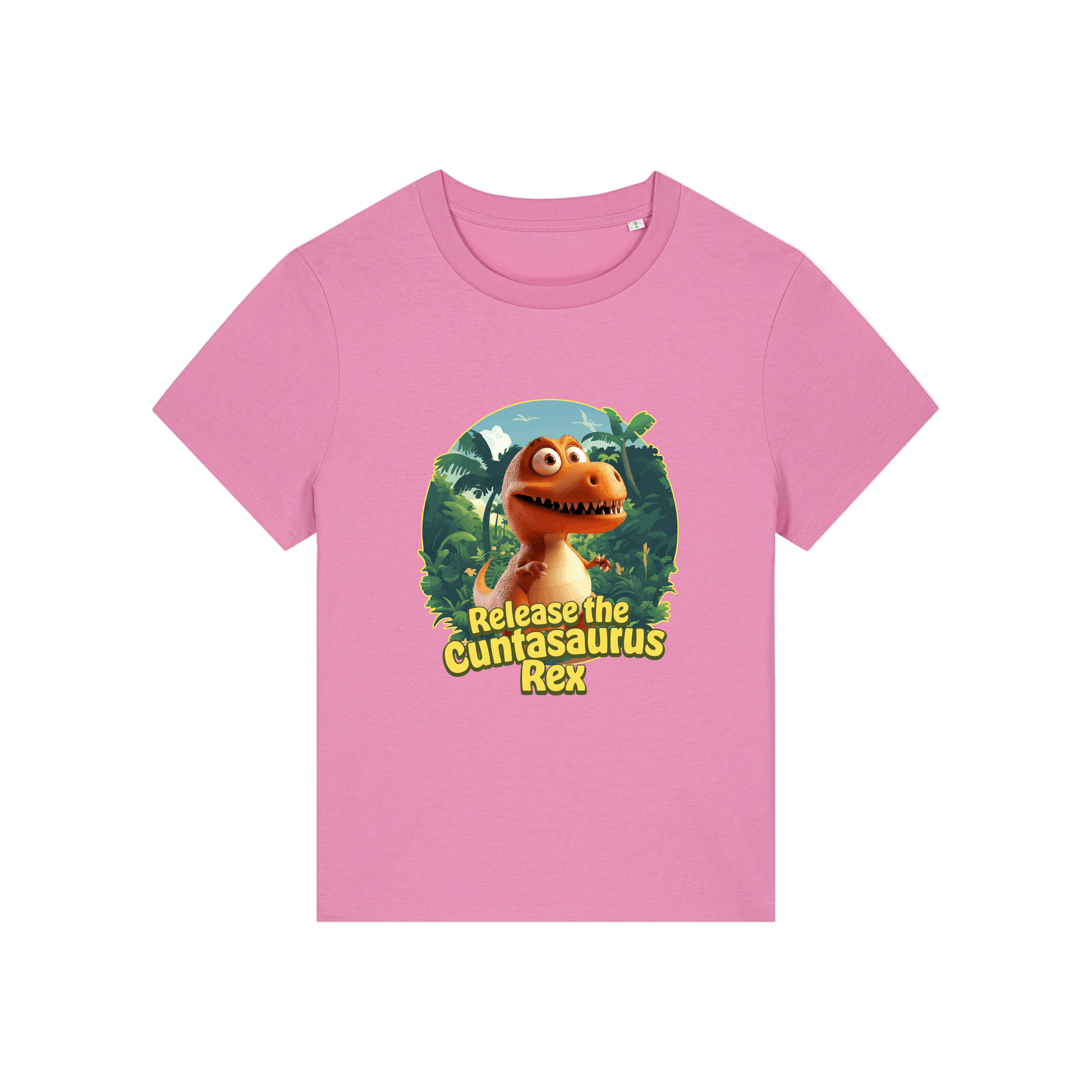 pink funny offensive t-shirt with the graphic of a dinosaur and the slogan 'unleash the cuntasaurus rex'