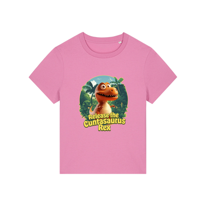 pink funny offensive t-shirt with the graphic of a dinosaur and the slogan 'unleash the cuntasaurus rex'