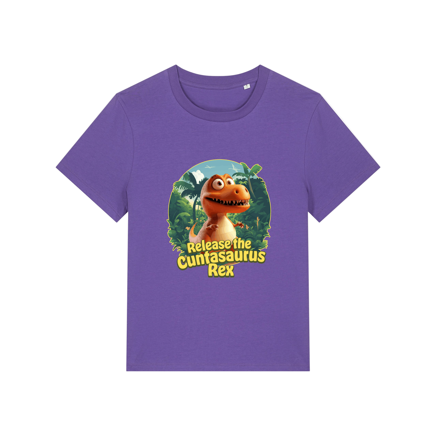 purple funny offensive t-shirt with the graphic of a dinosaur and the slogan 'unleash the cuntasaurus rex'