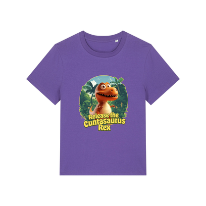 purple funny offensive t-shirt with the graphic of a dinosaur and the slogan 'unleash the cuntasaurus rex'