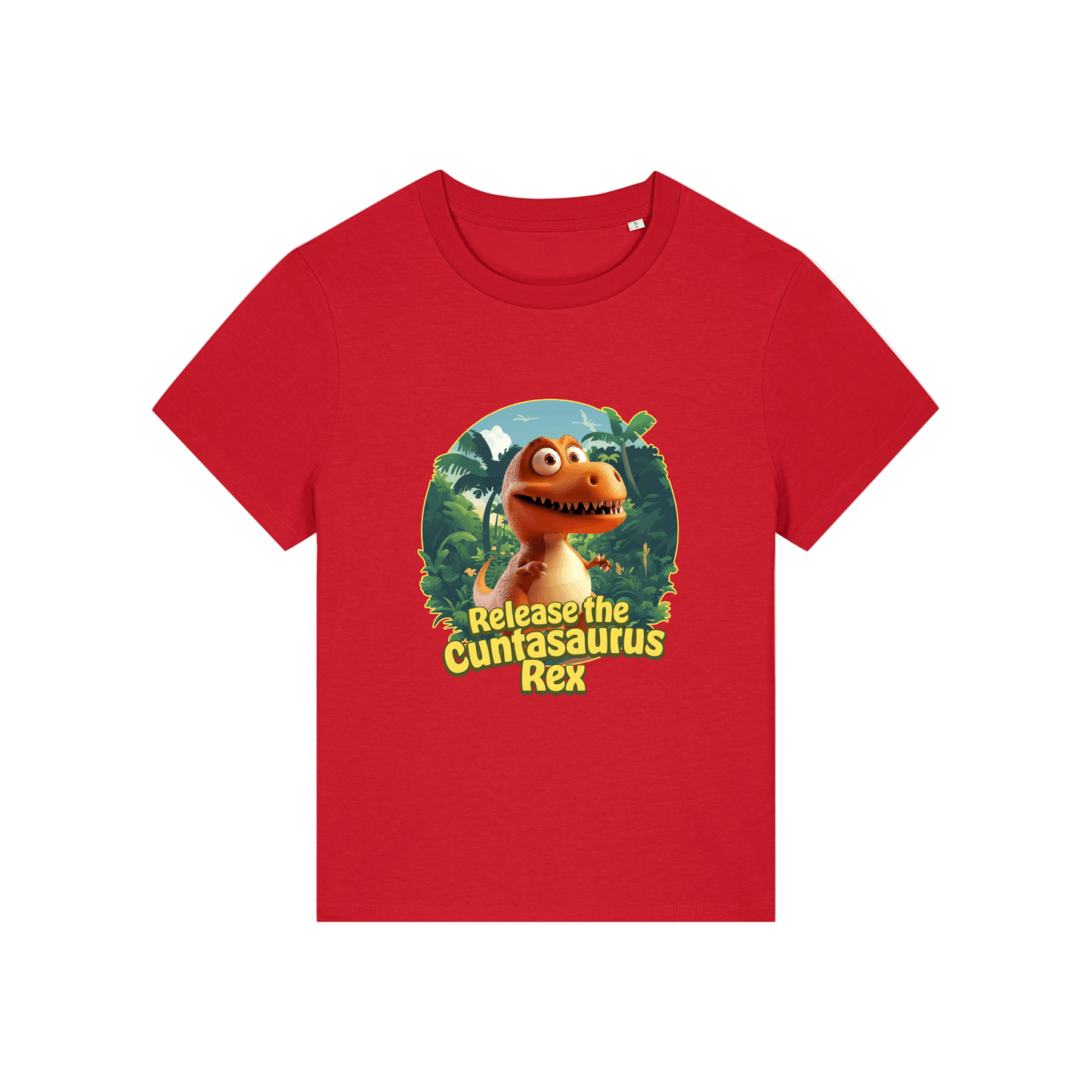 red funny offensive t-shirt with the graphic of a dinosaur and the slogan 'unleash the cuntasaurus rex'