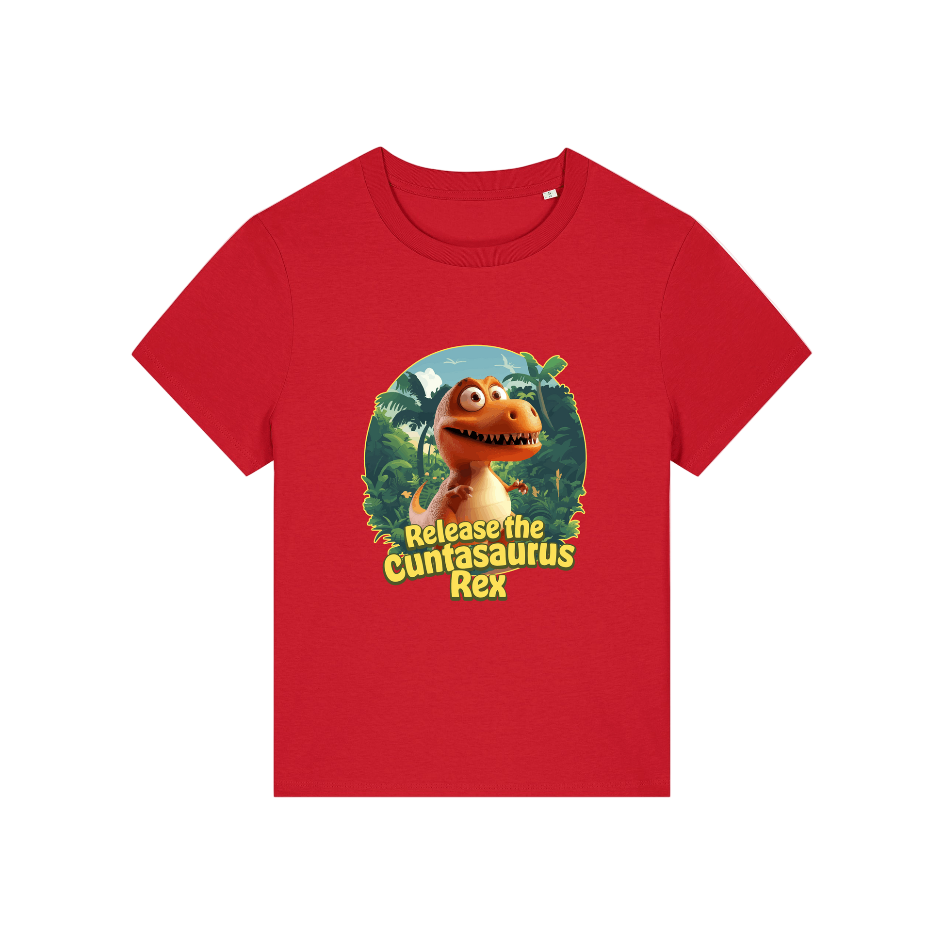 red funny offensive t-shirt with the graphic of a dinosaur and the slogan 'unleash the cuntasaurus rex'