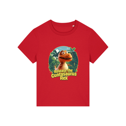 red funny offensive t-shirt with the graphic of a dinosaur and the slogan 'unleash the cuntasaurus rex'