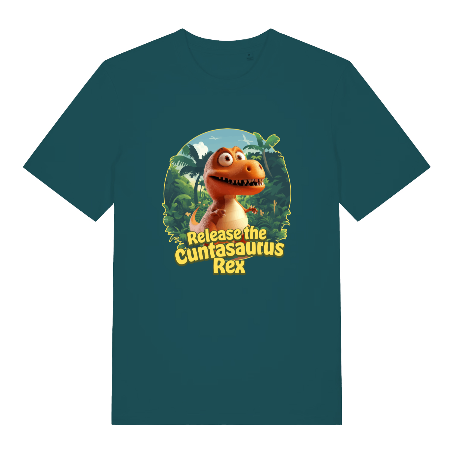 teal women's funny offensive t-shirt with the graphic of a dinosaur and the slogan 'release the cuntasaurus rex'