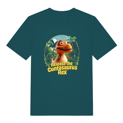 teal women's funny offensive t-shirt with the graphic of a dinosaur and the slogan 'release the cuntasaurus rex'