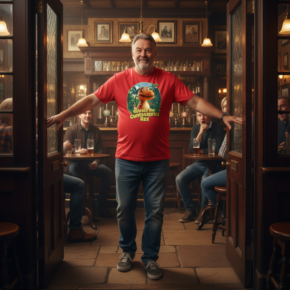 Man in a red t-shirt with a graphic design standing in a pub.