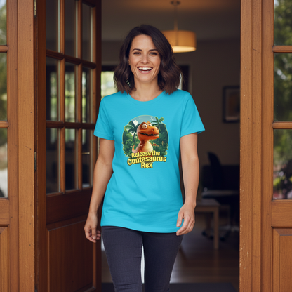 Woman wearing a blue t-shirt with a dinosaur graphic and text, standing in a doorway.