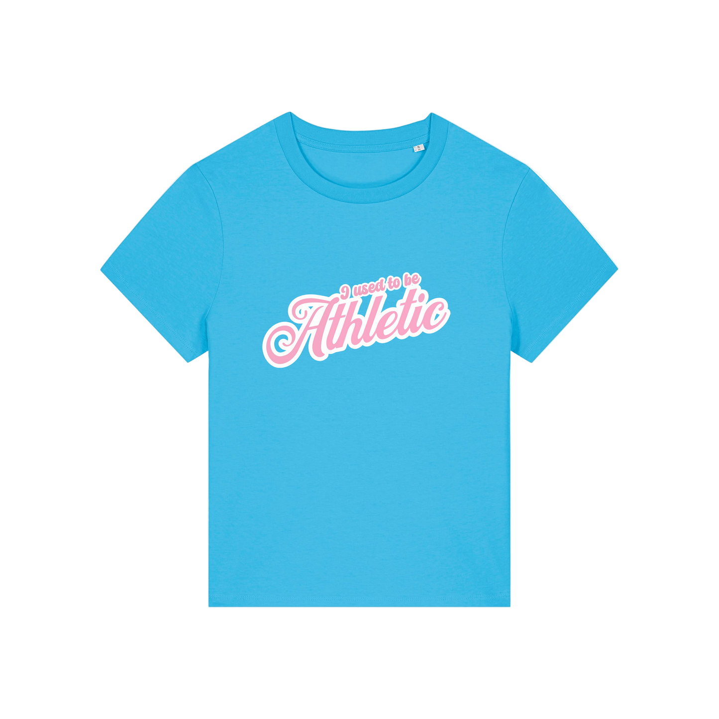 blue slogan t-shirt that reads 'i used to be athletic'