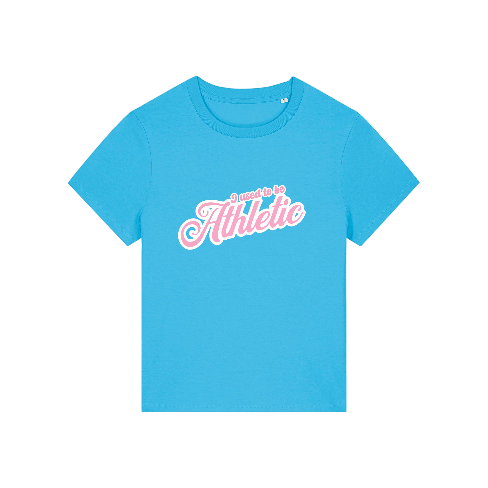 blue slogan t-shirt that reads 'i used to be athletic'