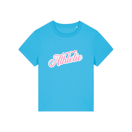 blue slogan t-shirt that reads 'i used to be athletic'