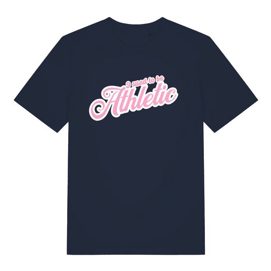 navy women's slogan t-shirt with the text 'used to be athletic'