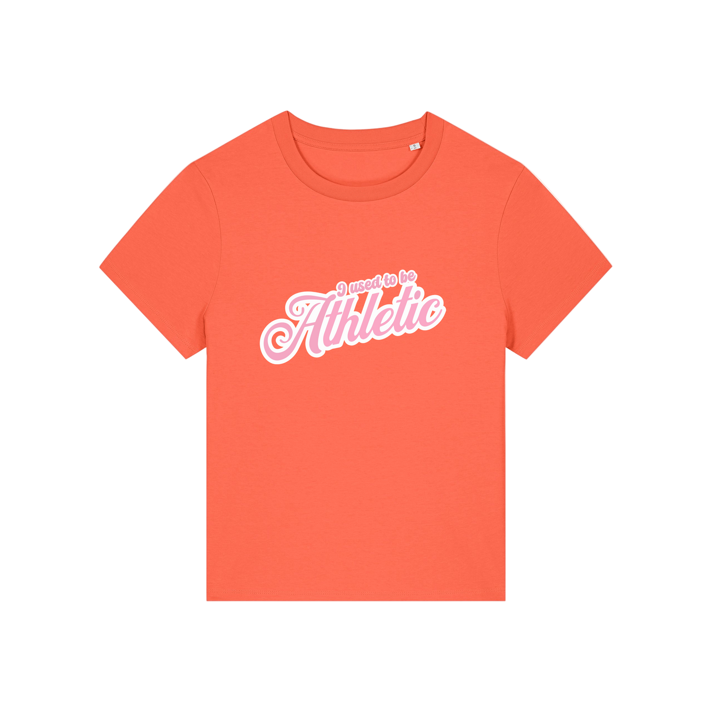 orange slogan t-shirt that reads 'i used to be athletic'