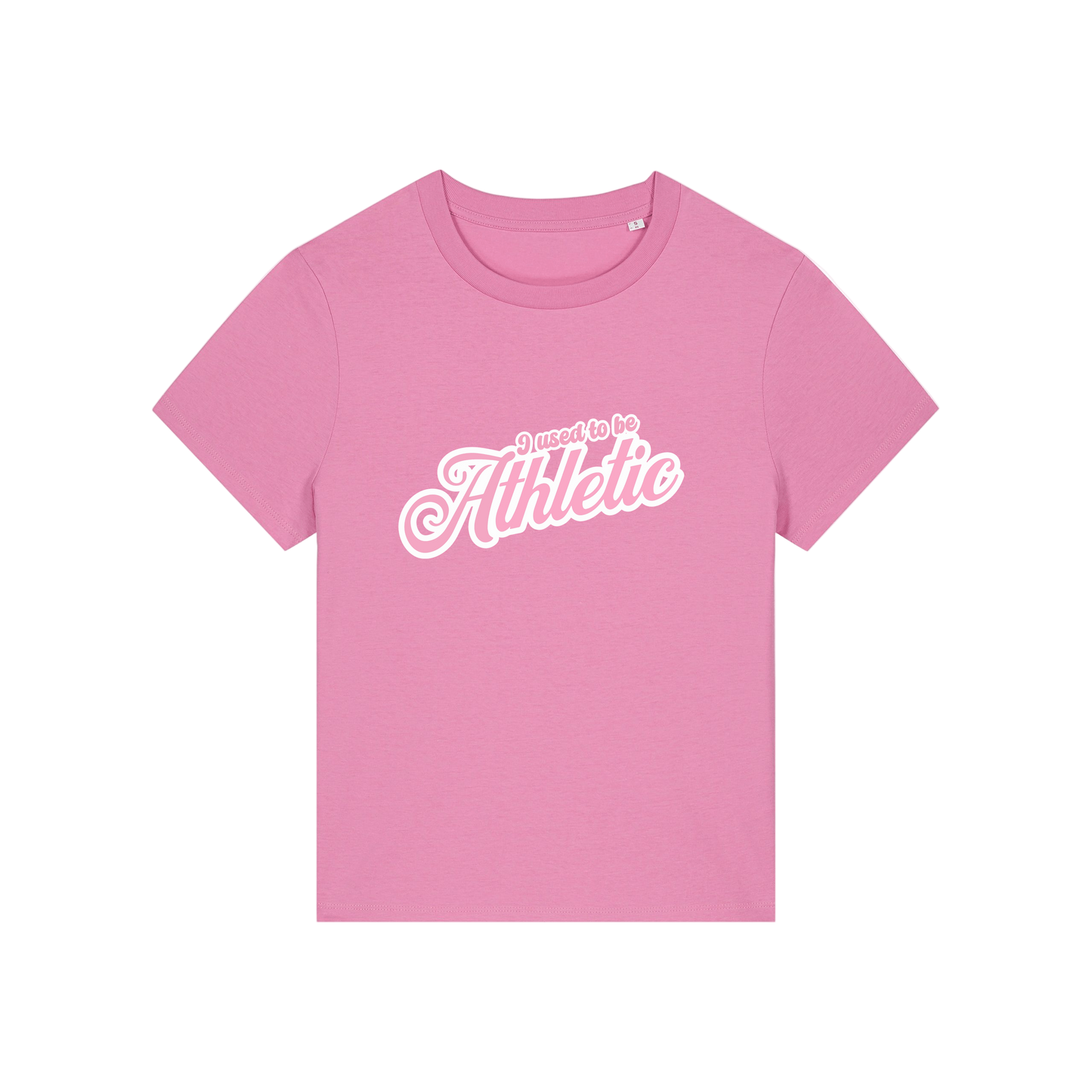 pink slogan t-shirt that reads 'i used to be athletic'