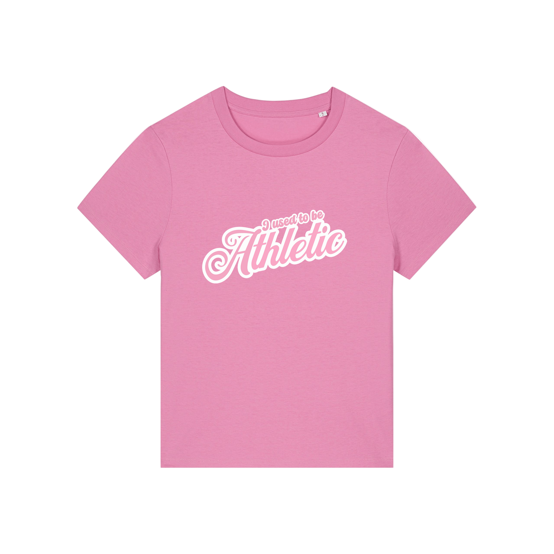 pink slogan t-shirt that reads 'i used to be athletic'