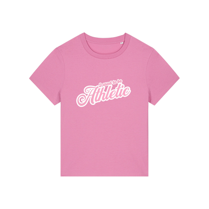 pink slogan t-shirt that reads 'i used to be athletic'