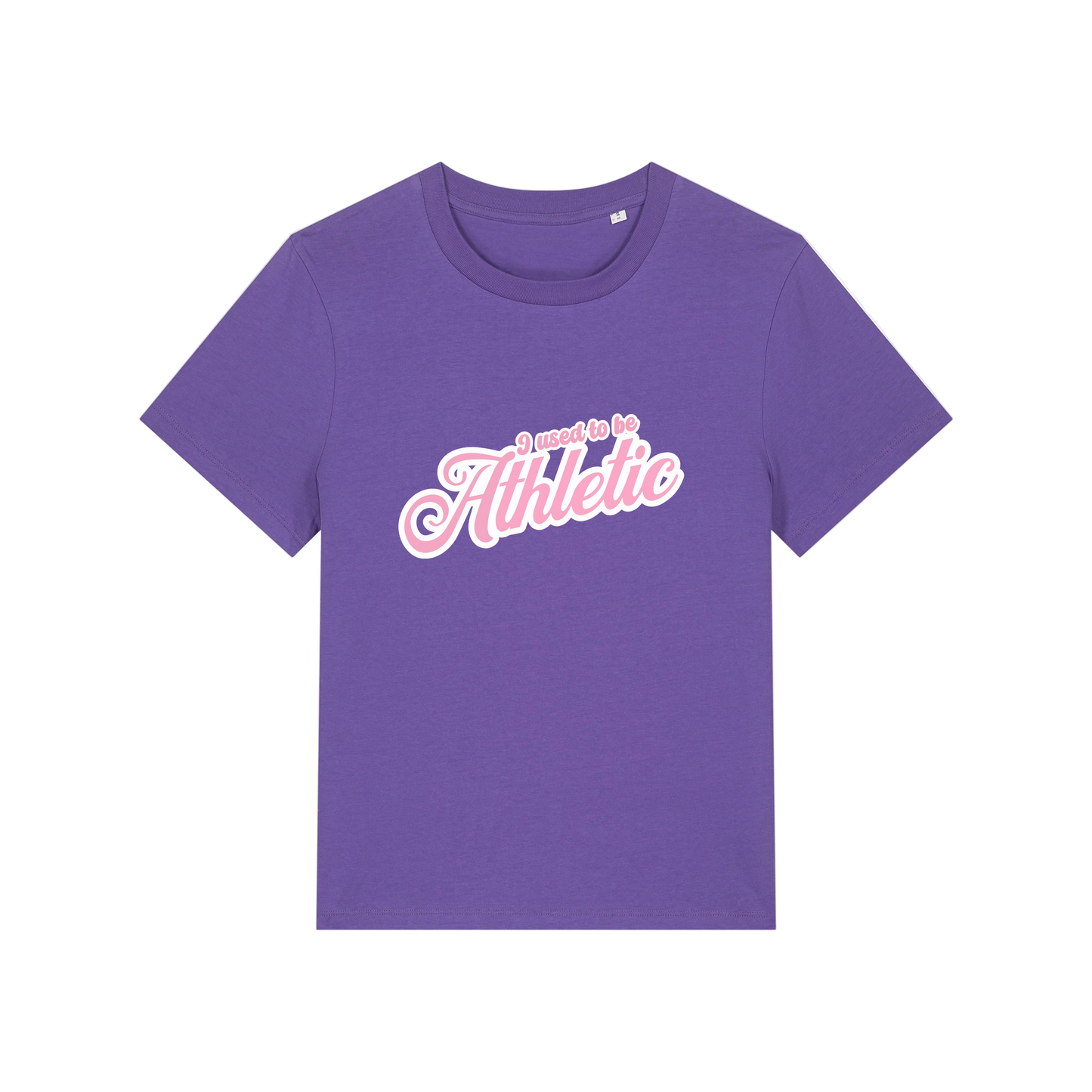 purple slogan t-shirt that reads 'i used to be athletic'