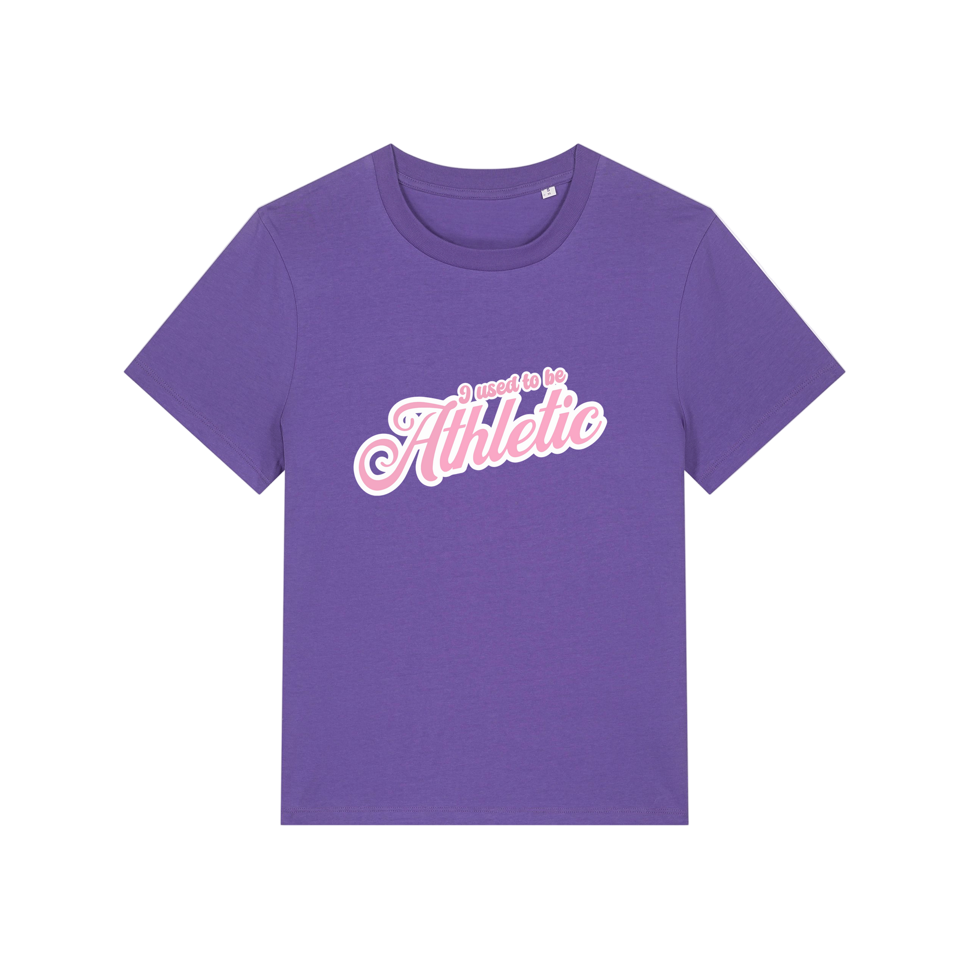 purple slogan t-shirt that reads 'i used to be athletic'