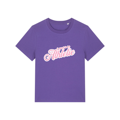 purple slogan t-shirt that reads 'i used to be athletic'