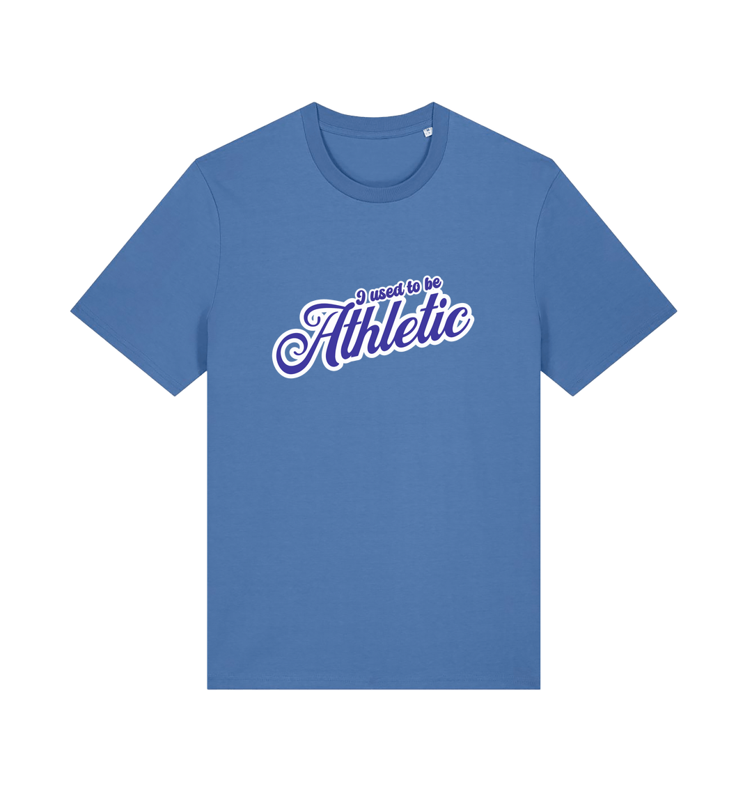 blue funny slogan t-shirt with 'used to be athletic'