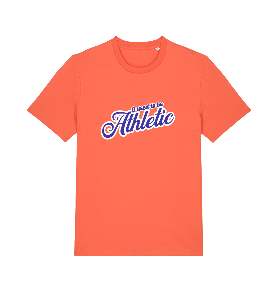orange funny slogan t-shirt with 'used to be athletic'