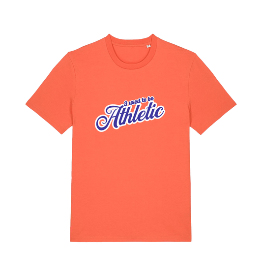 orange funny slogan t-shirt with 'used to be athletic'