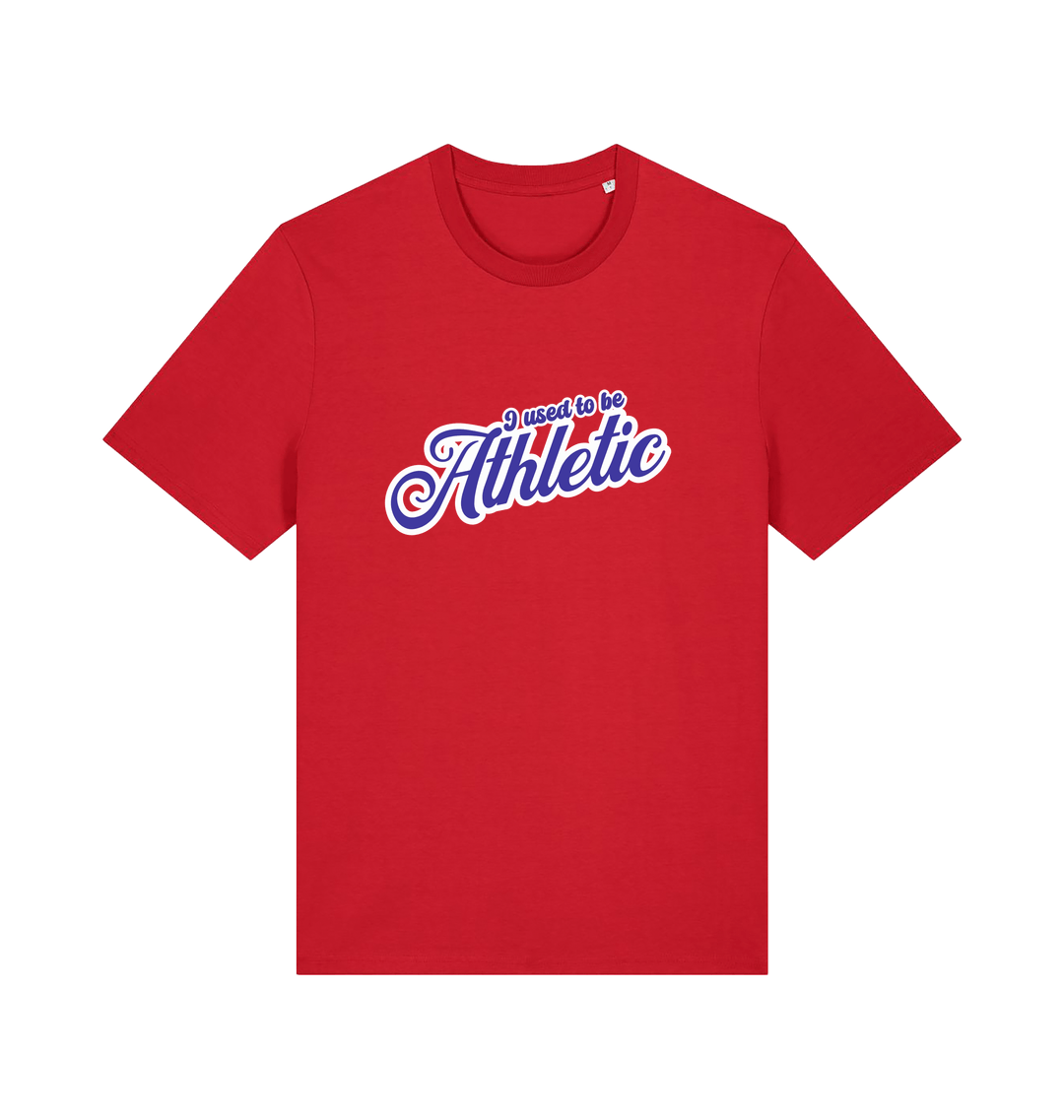 red funny slogan t-shirt with 'used to be athletic'
