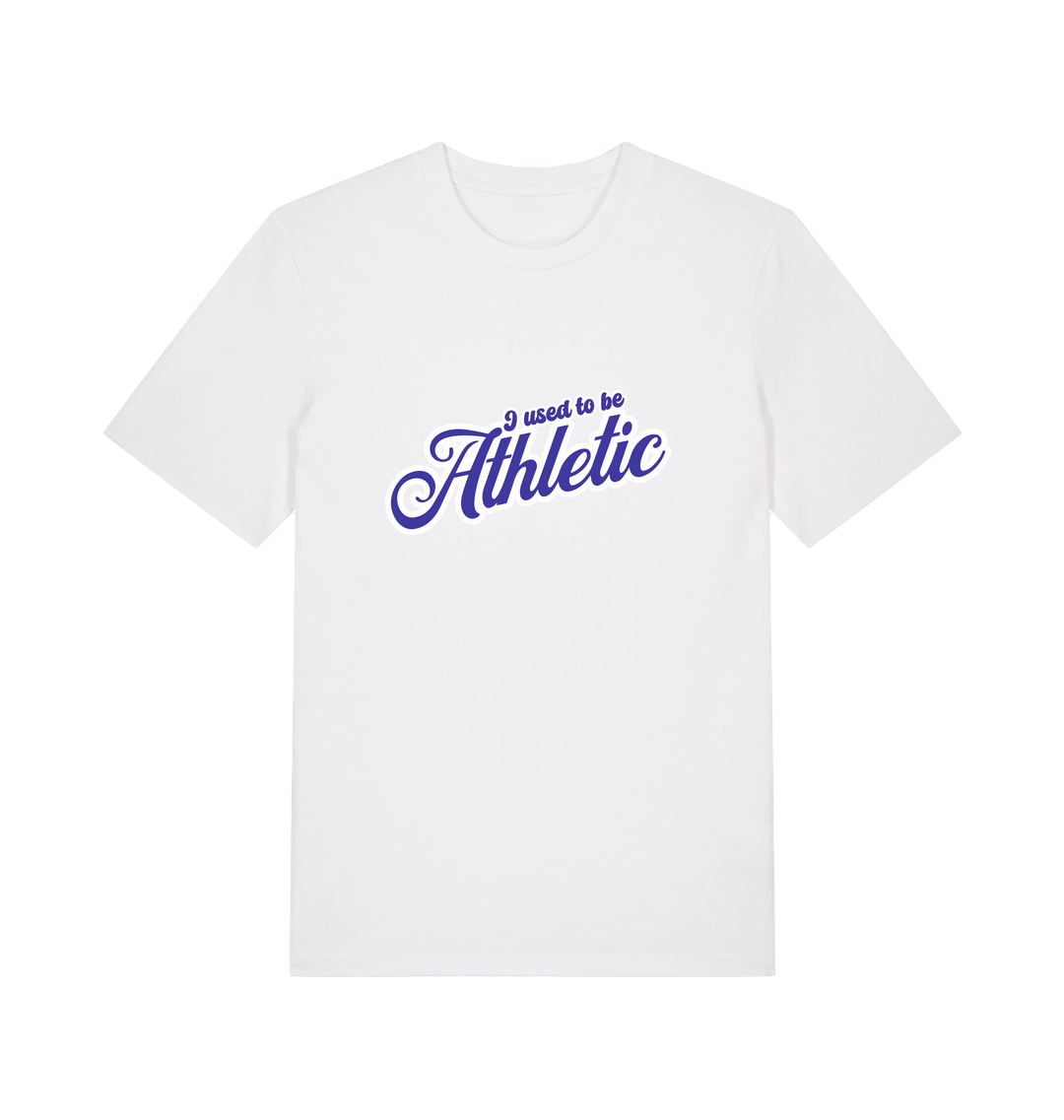 white funny slogan t-shirt with 'used to be athletic'