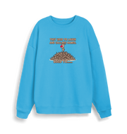 blue christmas sweater with the graphic of rudolph stood on top of a pile of reindeer and the slogan 'they used to laugh and call him names used to... '