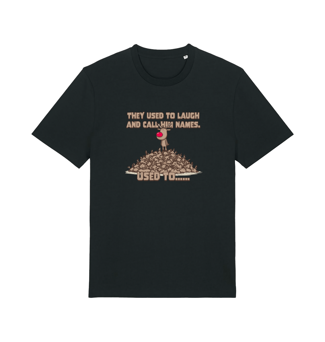 black christmas t-shirt with the graphic of rudolph stood on tp of a pile of reindeer and the slogan 'they used to call him names used to...'