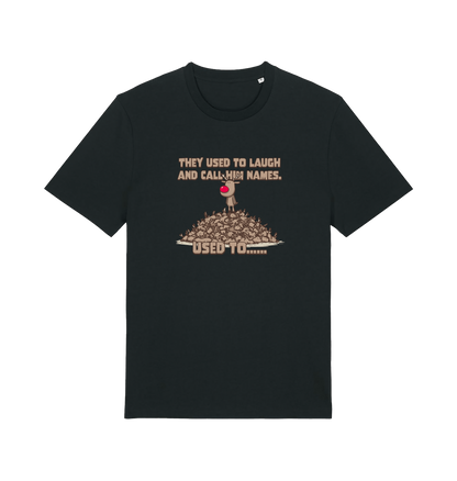 black christmas t-shirt with the graphic of rudolph stood on tp of a pile of reindeer and the slogan 'they used to call him names used to...'
