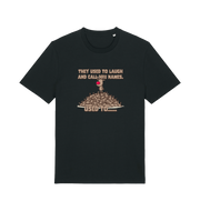 black christmas t-shirt with the graphic of rudolph stood on tp of a pile of reindeer and the slogan 'they used to call him names used to...'