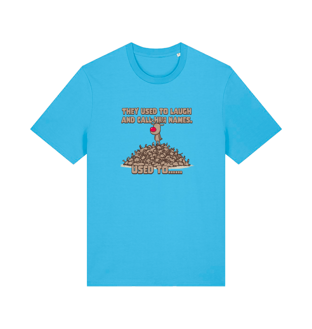 blue christmas t-shirt with the graphic of rudolph stood on tp of a pile of reindeer and the slogan 'they used to call him names used to...'
