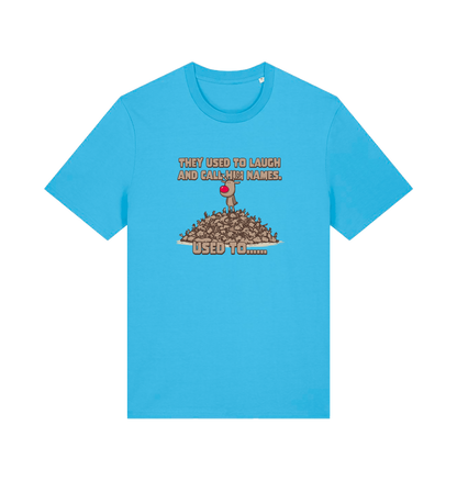 blue christmas t-shirt with the graphic of rudolph stood on tp of a pile of reindeer and the slogan 'they used to call him names used to...'