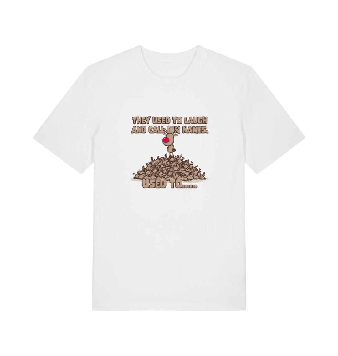 white christmas t-shirt with the graphic of rudolph stood on tp of a pile of reindeer and the slogan 'they used to call him names used to...'