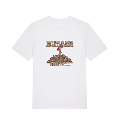 white christmas t-shirt with the graphic of rudolph stood on tp of a pile of reindeer and the slogan 'they used to call him names used to...'
