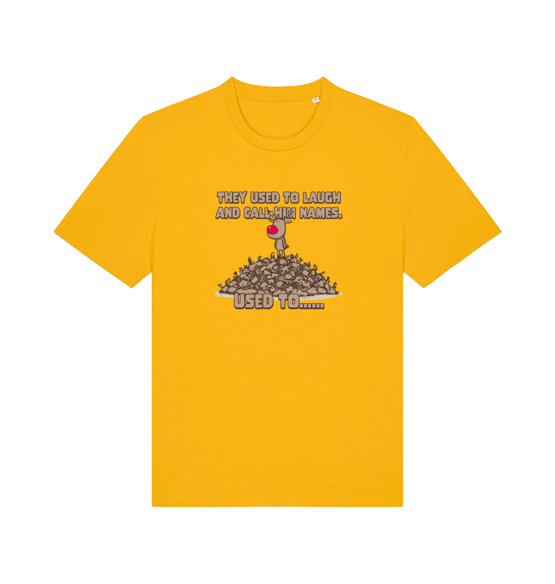yellow christmas t-shirt with the graphic of rudolph stood on tp of a pile of reindeer and the slogan 'they used to call him names used to...'