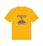 yellow christmas t-shirt with the graphic of rudolph stood on tp of a pile of reindeer and the slogan 'they used to call him names used to...'