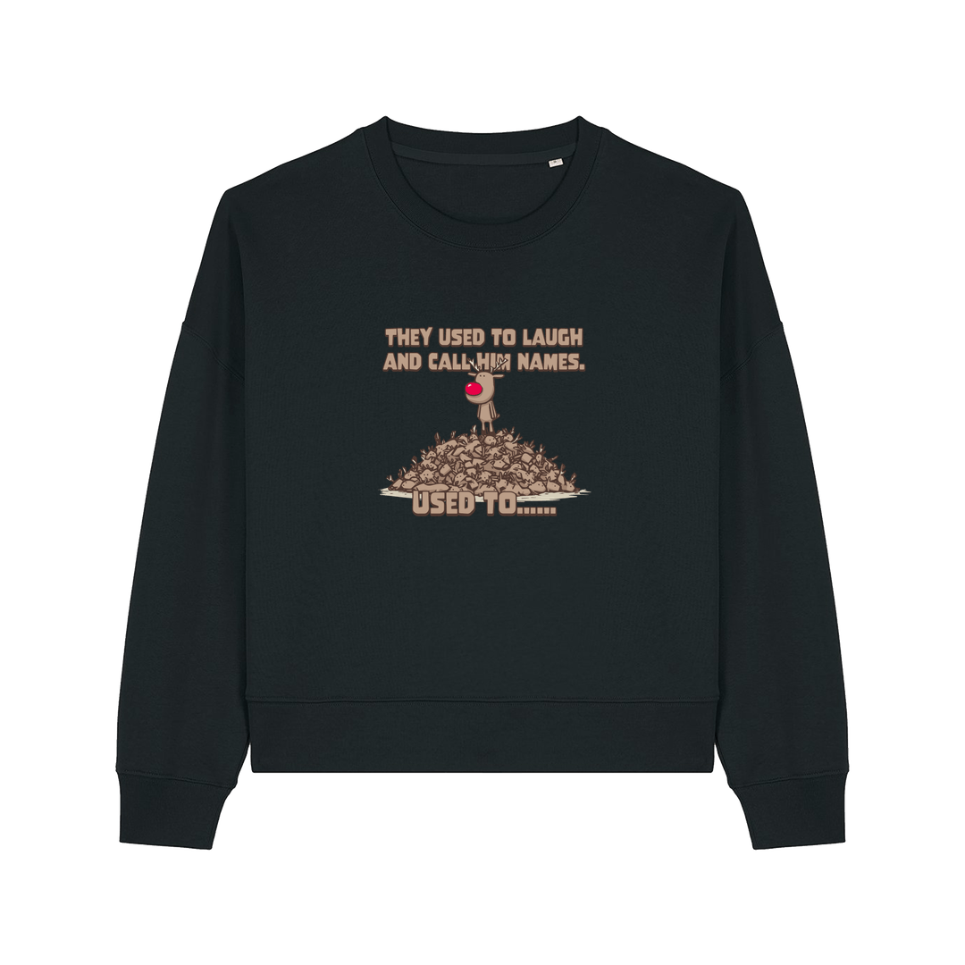 black christmas sweater with the graphic of rudoph stood ontop of a pile of reindeer and the slogan 'they used to laugh and call him names used to ..'
