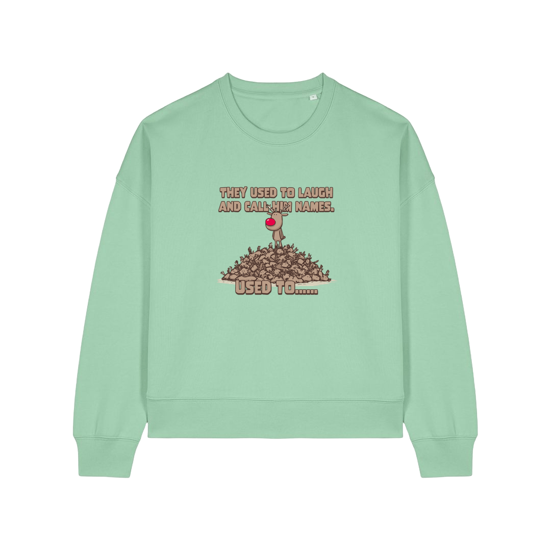 green christmas sweater with the graphic of rudoph stood ontop of a pile of reindeer and the slogan 'they used to laugh and call him names used to ..'