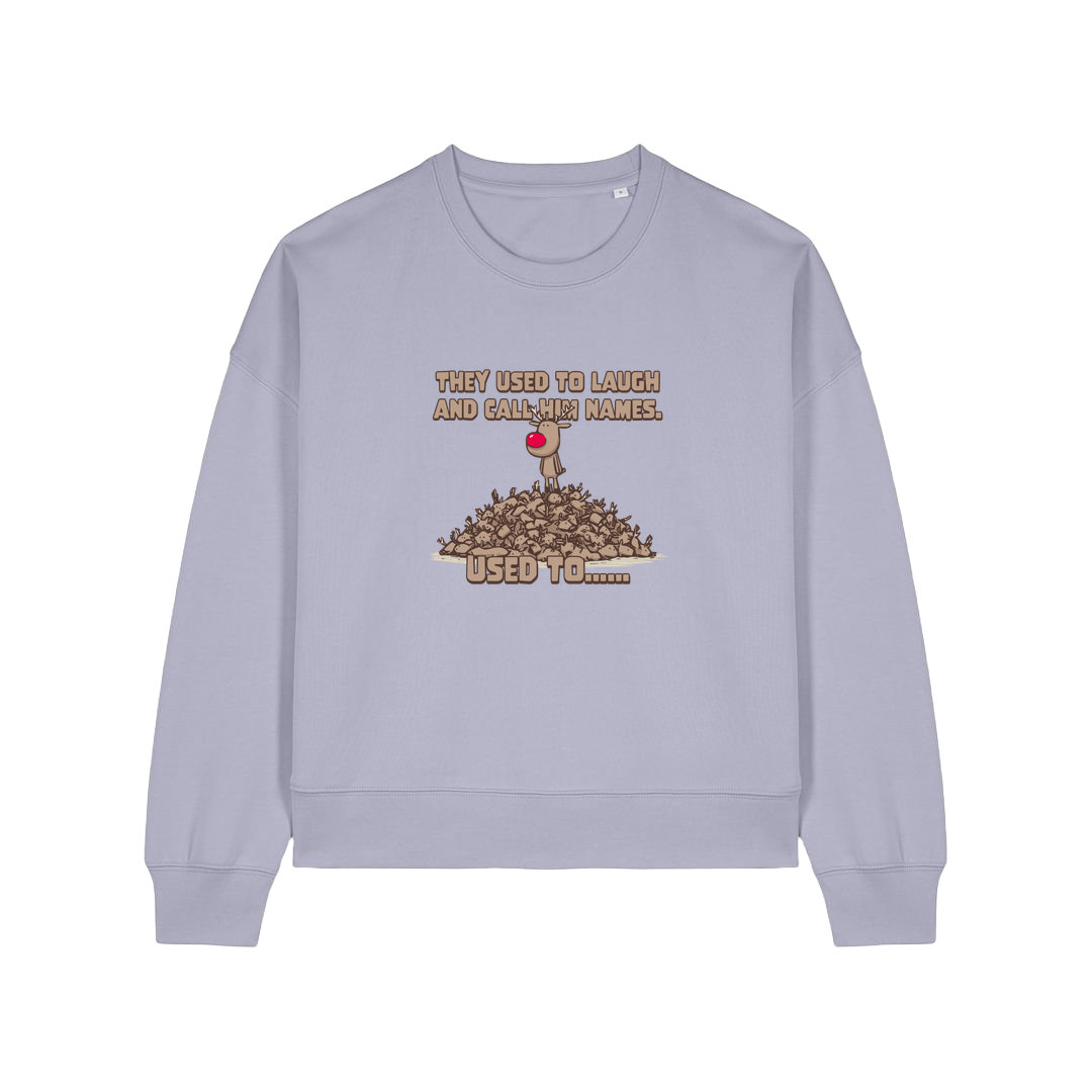 lavender christmas sweater with the graphic of rudoph stood ontop of a pile of reindeer and the slogan 'they used to laugh and call him names used to ..'