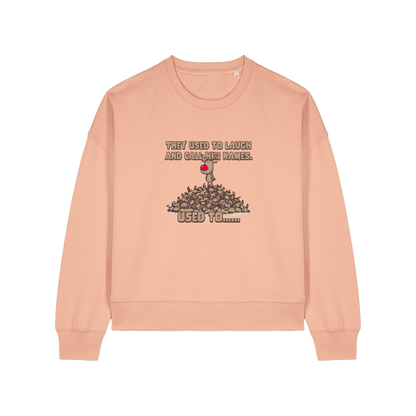 peach christmas sweater with the graphic of rudoph stood ontop of a pile of reindeer and the slogan 'they used to laugh and call him names used to ..'
