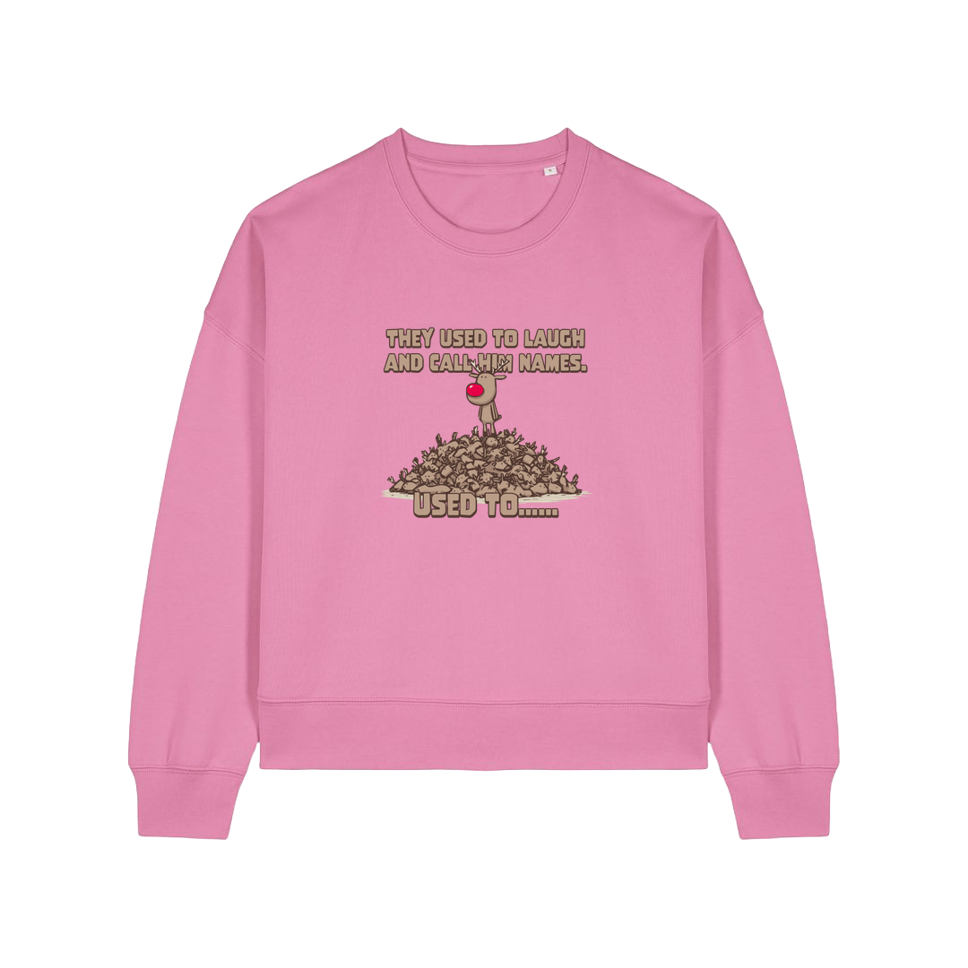 pink christmas sweater with the graphic of rudoph stood ontop of a pile of reindeer and the slogan 'they used to laugh and call him names used to ..'