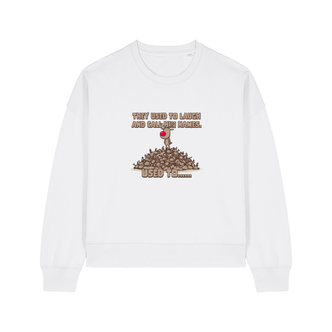 white christmas sweater with the graphic of rudoph stood ontop of a pile of reindeer and the slogan 'they used to laugh and call him names used to ..'