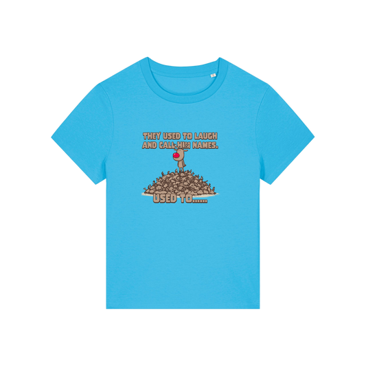 blue christmas graphic t-shirt with a rudolph stood on top of a pile of reindeer and the slogan 'they used to alaugh and call him names .. used to'