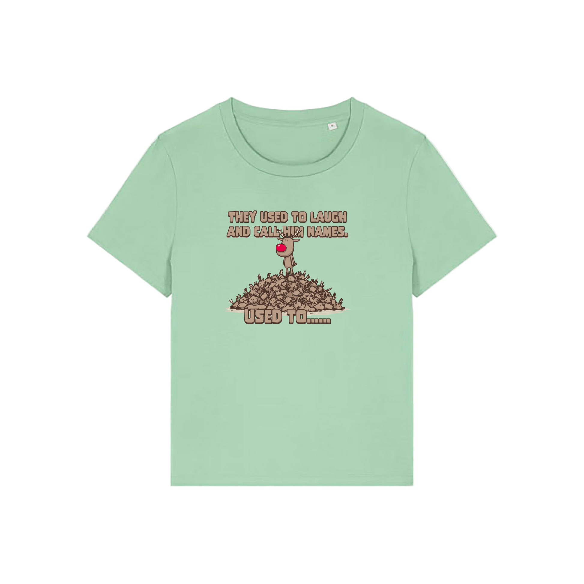 green christmas graphic t-shirt with a rudolph stood on top of a pile of reindeer and the slogan 'they used to alaugh and call him names .. used to'
